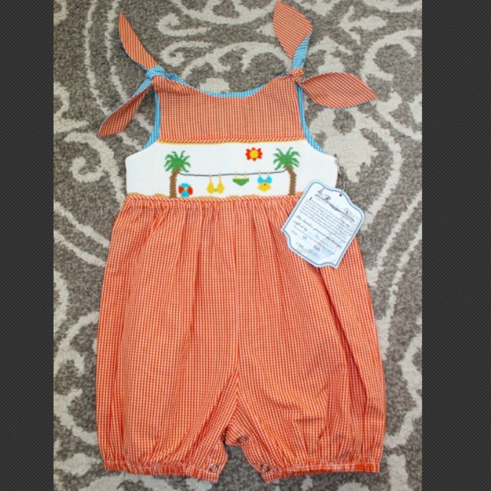 NWT Girls Remember Nguyen Smocked Romper Orange Blue Beach Palm Tree Swimsuit 9m